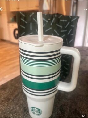 Starbucks White Travel Tumbler with Green and Black Stripes and Handle